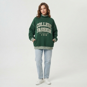 Sweat-shirt personnalisé à col montant avec imprimé lettres surdimensionnées, coupe ample, style décontracté, avec manches contrastantes à carreaux - Product Image 5
