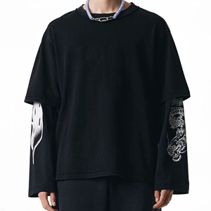 เสื้อยืดคุณภาพสูงสั่งทำพิเศษ ผ้าฝ้าย 100% ผ้าฝ้ายหนา 2 in 1 แบบสองชั้น แขนยาว เสื้อยืดเปล่าสำหรับผู้ชาย สั่งทำได้ - Product Image 1