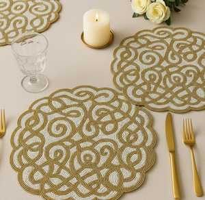 Handmade Polyester/Cotton <b>Beaded</b> <b>Placemats</b> (Set of 2) Floral Embroidered Design Eco-Friendly for Home & Hotel Use - Product Image 1