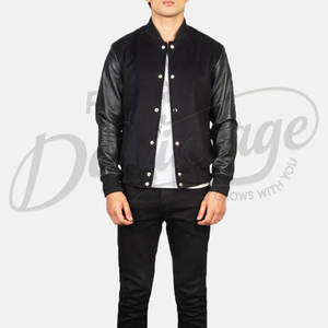 Chaqueta Bomber Varsity de Lana Negra para Hombre con Mangas de Cuero Genuino, Estilo Clásico Letterman, Corte Ajustado, Ropa Exterior de Béisbol - Product Image 4