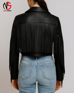 Veste en cuir véritable noire pour homme, imperméable et respirante, avec franges à pompons, col rabattu, style moto, veste courte, vêtements d'hiver - Product Image 2