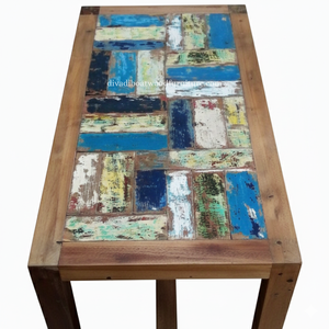 Mesa de Bar de Madera de Barco Reciclada, Diseño de Mosaico, Color Original, Ecológica, Sostenible, Rústica, Mueble de Bar Alto - Product Image 3