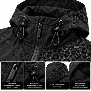 Water Reactive Windproof 100% Polyester Leopard Print Hunting <b>Jacket</b> Black Hooded Outdoor Raincoat Full Zip <b>Camouflage</b> Wear - Product Image 4