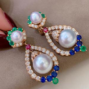 Boucles d'oreilles pendantes en argent sterling 925, entièrement serties de diamants, trèfle polyvalent, perle naturelle sans défaut de 11 à 12 mm - Product Image 1