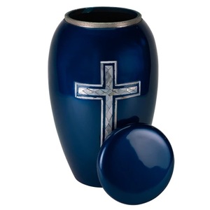 Urne funéraire bleu roi avec incrustation de croix faite à la main, couvercle sécurisé, porte-cendres commémoratif, décoration religieuse pour la mémoire - Product Image 4