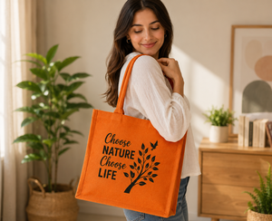 Bolsa de Compras de Yute Grande Naranja con Diseño de Hojas para Compras, Elegir la Naturaleza, Elegir la Vida - Product Image 4