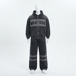 Ensemble de survêtement deux pièces pour homme, sweat à capuche zippé et pantalon de jogging large, couleur noire délavée, style color block - Product Image 3