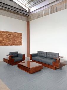 Modern Teak Wood <b>Sofa</b> <b>Set</b> with Integrated Side Drawers and Charcoal Leather - Product Image 1