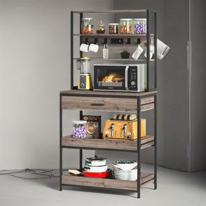 Mobiletto da Cucina a 5 Ripiani con Cassetti Scorrevoli per Forno a Microonde, Scaffale per Pasticceria con Prese Elettriche, Bar Caffè - Organizzazione Cucina - Product Image 2