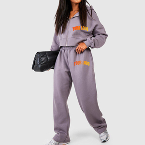 Best Selling Winter Solid <b>Crop</b> Top 100% Cotton <b>Zip</b>-<b>Up</b> Custom Screen Printed Logo Two-Piece Tracksuit Women OEM ODM Service - Product Image 5