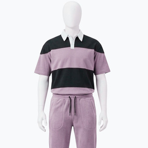 Polo de rugby rayé à col blanc contrastant pour homme, manches courtes, respirant, en coton et polyester piqué - Product Image 1