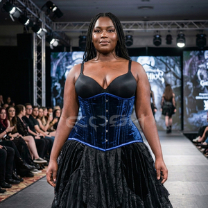 <b>Underbust</b> Steelboned Blue Velvet Corset With Blue Satin Trim With Busk Closure - Product Image 2