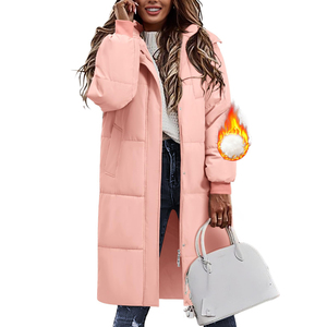 Abrigo largo acolchado con capucha para mujer, rosa, grueso, cálido, de invierno, con capucha desmontable y cremallera. - Product Image 4