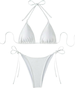 Ensemble bikini blanc pour femme, haut croisé à nouer, bas string à nouer sur les côtés, maillot de bain deux pièces en Spandex et Nylon, coupe extensible - Product Image 1