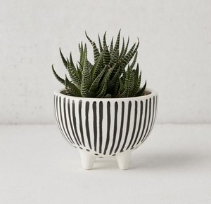 Pot de fleurs en céramique rayé avec support, finition émaillée moderne, support durable pour plantes succulentes d'intérieur, accent de décoration élégant pour la maison - Product Image 1