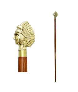 <b>Antique</b> brass and wooden <b>walking</b> cane with carved handle for luxury gentleman style and classic support - Product Image 1