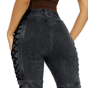 Jeans de Mezclilla Negros de Cintura Alta para Mujer, con Detalle de Encaje Lateral, Corte Ajustado, Pierna Recta, Pantalones Casuales de Moda, Largos, Estilo Urbano, Talla XS - Product Image 4