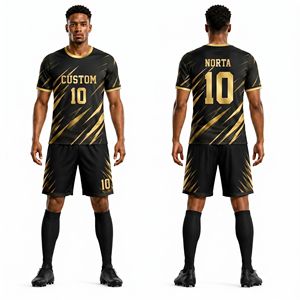 ชุดฟุตบอลลายทางสีดำทองแบบซับลิเมชั่น เสื้อและกางเกงขาสั้น ชุดทีมมืออาชีพ ดีไซน์หรูหรา ระบายอากาศได้ดี - Product Image 1