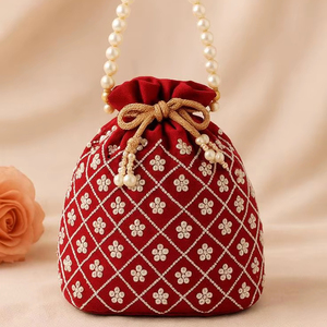 Pearl Handle Maroon Silk Embroidered Potli Bag <b>Drawstring</b> Gift <b>Pouch</b> Wedding Case Women Clutch Coin Purse Storage Container - Product Image 1