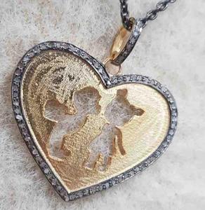 Colgante de Corazón Vintage en Plata de Ley 925 con Diamantes Naturales Engastados, Bañado en Rodio Negro, Tamaño 37x32MM, para Boda - Product Image 2