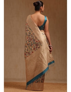 Sari KV para Mujer, Color Beige, Chanderi, con Estampado Floral Kalamkari y Blusa sin Coser - Product Image 6