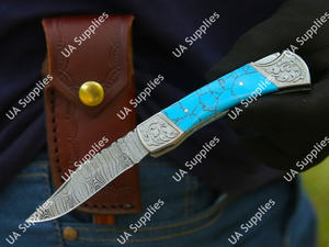 Couteau pliant artisanal en acier Damas gravé avec un manche en pierre turquoise, lame à pointe tombante et bord biseauté de 7,5 pouces, étui en cuir, EDC - Product Image 3