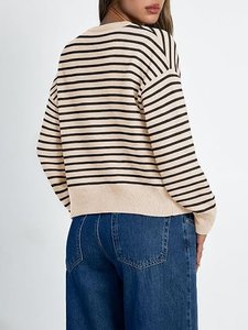 Cárdigan de Punto a Rayas Beige para Mujer, Manga Larga, Cuello Redondo, Suéter Informal de Otoño - Product Image 4