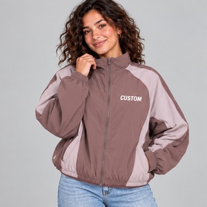 Custom Made <b>Women</b> <b>Windbreaker</b> Jacket with Contrast Raglan Sleeves Full Zip Stand Collar Elastic Cuffs and Hem for Daily Wear - Product Image 1
