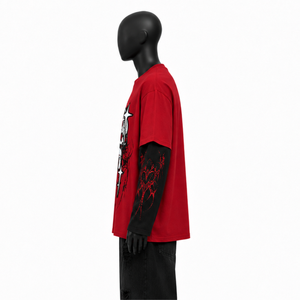 Camiseta de Manga Larga con Estampado de Calavera Gótica, Estilo Falso de Dos Piezas, para Hombre, Streetwear, Oversize, Grunge, Y2K, Hip Hop, Harajuku, Punk, Color Rojo Oscuro - Product Image 2