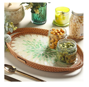 Plateau de service écologique en nacre et rotin pour table de mariage, plateau de rangement pour verres avec poignée, forme ronde - Product Image 6