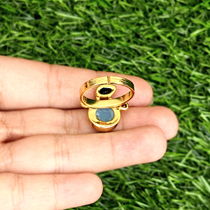 Hip hop <b>ring</b> sky blue chalcedony with hydro quartz <b>adjustable</b> <b>ring</b> solid brass 18k gold plated triple gemstone boho jewelry <b>ring</b> - Product Image 4