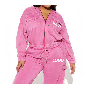 Conjunto de chándal de rizo francés de algodón de alta calidad para mujer, pantalones de chándal desgastados con lavado ácido Vintage, Sudadera con capucha, estilo con botones bordados - Product Image 1