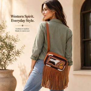 Bolso bandolera de cuero de vaca con flecos, hecho a mano, estilo western, con adornos florales, para mujer, para viajes y uso diario. - Product Image 4