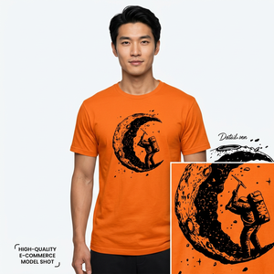 Camiseta naranja de manga corta para hombre con estampado de luna y astronauta, estilo casual, cuello redondo, corte ajustado. - Product Image 6