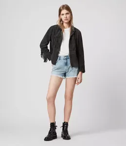 Women's <b>Black</b> <b>Suede</b> Fringed Moto <b>Jacket</b> Turn-Down Collar Full Sleeve Short Length Autumn Style - Product Image 1