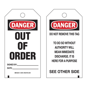 Étiquettes de sécurité en PVC Brady - DANGER En panne avec champs Signé par/Date pour l'entretien des équipements - Product Image 1