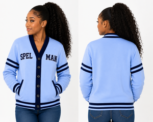 Cardigan tricoté bleu clair pour femme Spelman, style preppy, col en V, manches longues, imprimé lettres de sororité, boutonné, collection grecque 2026 - Product Image 5