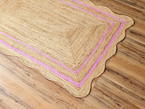Handwoven Jute Area Rug With Pink Border Scalloped Edge Natural Fiber Floor Rug Home Decor Rug - Product Image 3