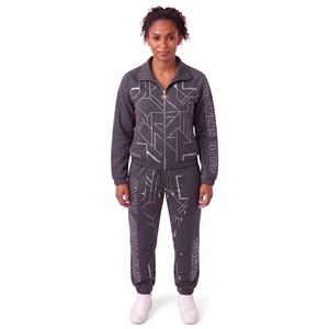 Conjunto deportivo personalizado para mujer, gris oscuro y rojo, con estampado gráfico futurista de circuitos, chaqueta deportiva y pantalones de chándal, conjunto informal deportivo. - Product Image 2