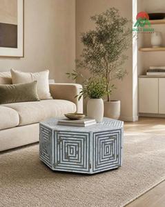 Table basse octogonale en marbre avec incrustations géométriques pour salon, mobilier d'intérieur contemporain - Product Image 1