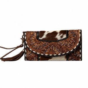 Western Hair On Cowhide Floral Tooled Leather Wallet Clutch for Women Handcrafted Wristlet Organizer Cowgirl Fashion Accessory - Product Image 1