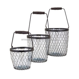 Decorative Heart Shaped Mesh Wire <b>Basket</b> Set of 3 <b>Wooden</b> Handle Storage <b>Basket</b> - Product Image 4