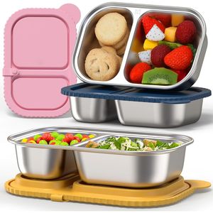 Set di 3 Contenitori per Pranzo Riutilizzabili in Acciaio Inox con Coperchi in Silicone, 2 Scomparti per Conservazione Alimenti - Product Image 1