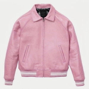 Blouson aviateur en cuir véritable noir pour homme, col rabattu, fermeture éclair, poignets côtelés rayés - Product Image 3