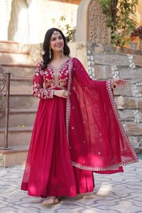 Luxe Blooming Silk Maxi Dress Zari Thread <b>Flared</b> Gown <b>Sequin</b> Pattern Border Wrap V Neck Stitched Women Indian Ethnic Set - Product Image 5