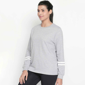 Sudadera de punto gris para mujer con cuello redondo y mangas largas con puños a rayas blancas, sudaderas personalizadas para mujer - Product Image 5