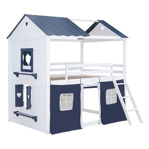 Elegante Letto a Castello in Legno Blu e Bianco con Finestre e Tenda per Bambini - Product Image 5