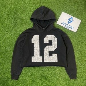 Sudadera con Capucha Corta Negra Deportiva Styliro con Estampado del Número 12, Unisex, Holgada, Informal, de Punto, de Algodón, para Otoño - Product Image 1