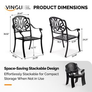 Set di 2 Sedie da Pranzo Impilabili per Esterni in Alluminio Pressofuso, Finitura Nera Vintage con Motivo Floreale, Poltrona in Metallo per Patio, Giardino, Terrazza - Product Image 3