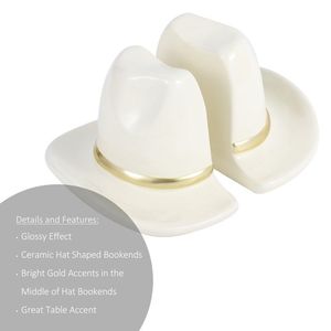 White Ceramic Cowboy Hat <b>Bookends</b> for Office Desk Decoration - Product Image 3
